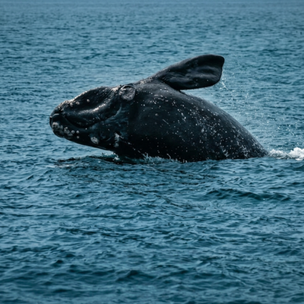 Southern right whale breaching out of the ocean off the coast of Hermanus, South Africa, during whale watching season.