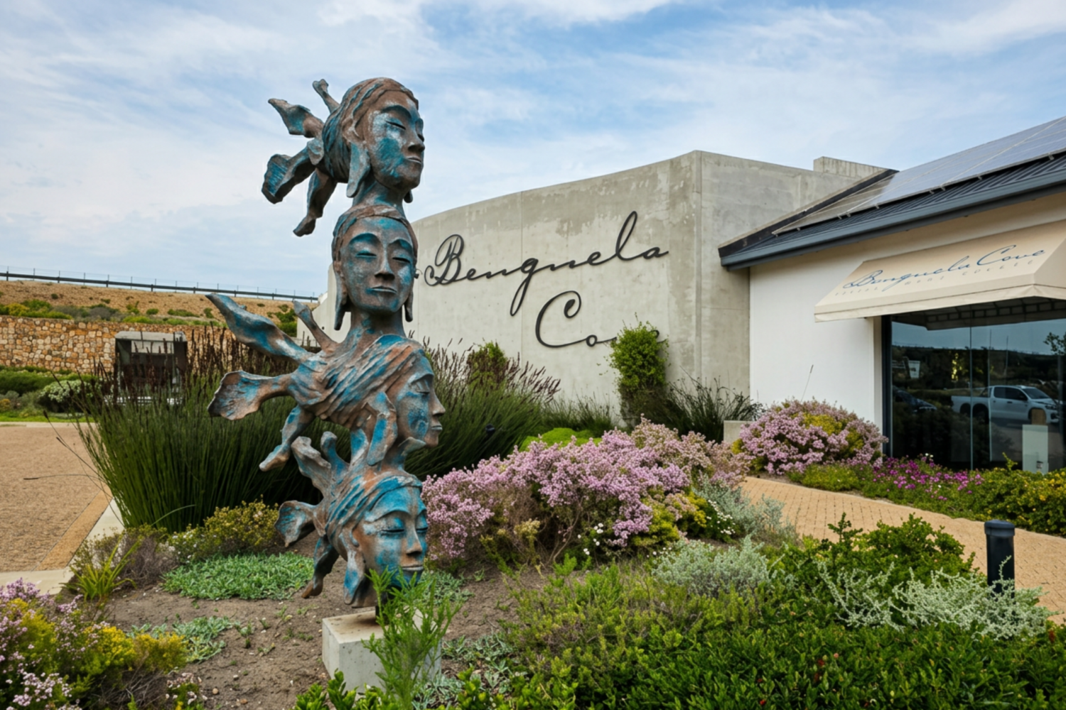 Elegant entrance and vineyard views at Benguela Cove Wine Estate in the Cape Winelands, South Africa.